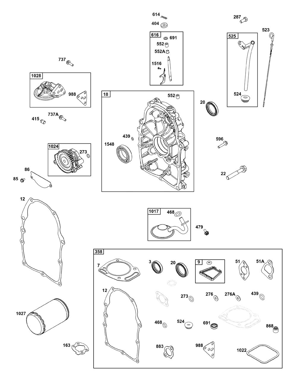 Crankcase Cover/Sump And Lubrication Group Diagram and Parts List for 356447-3530-B5 200000 - 399999 Briggs and Stratton Engine